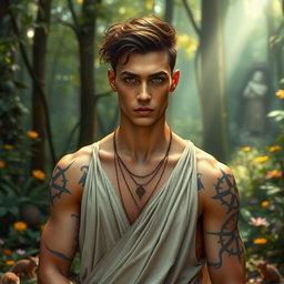 A slender, athletic human man in a fantasy setting wears elegant druid attire crafted from natural materials that flow gracefully around him