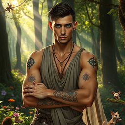A slender, athletic human man in a fantasy setting wears elegant druid attire crafted from natural materials that flow gracefully around him
