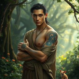 A slender, athletic human man in a fantasy setting wears elegant druid attire crafted from natural materials that flow gracefully around him