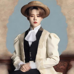 Generated image of Park Jimin dressed in a Victorian era-inspired outfit, expressing elegance and sophistication.