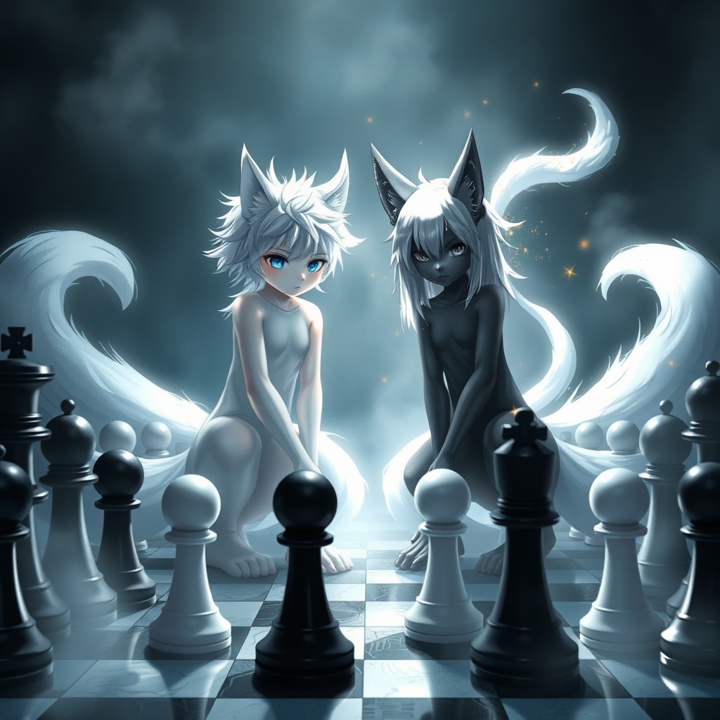 Two young Kitsunes prominently featured on a giant chessboard, surrounded by black and white chess pieces