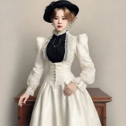 Generated image of Park Jimin dressed in a Victorian era-inspired outfit, expressing elegance and sophistication.