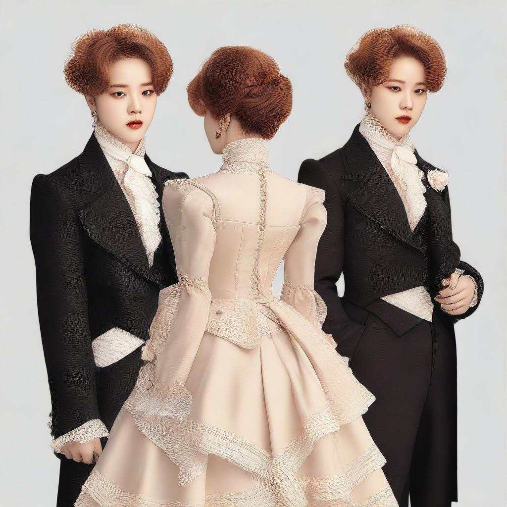 Generated image of Park Jimin dressed in a Victorian era-inspired outfit, expressing elegance and sophistication.