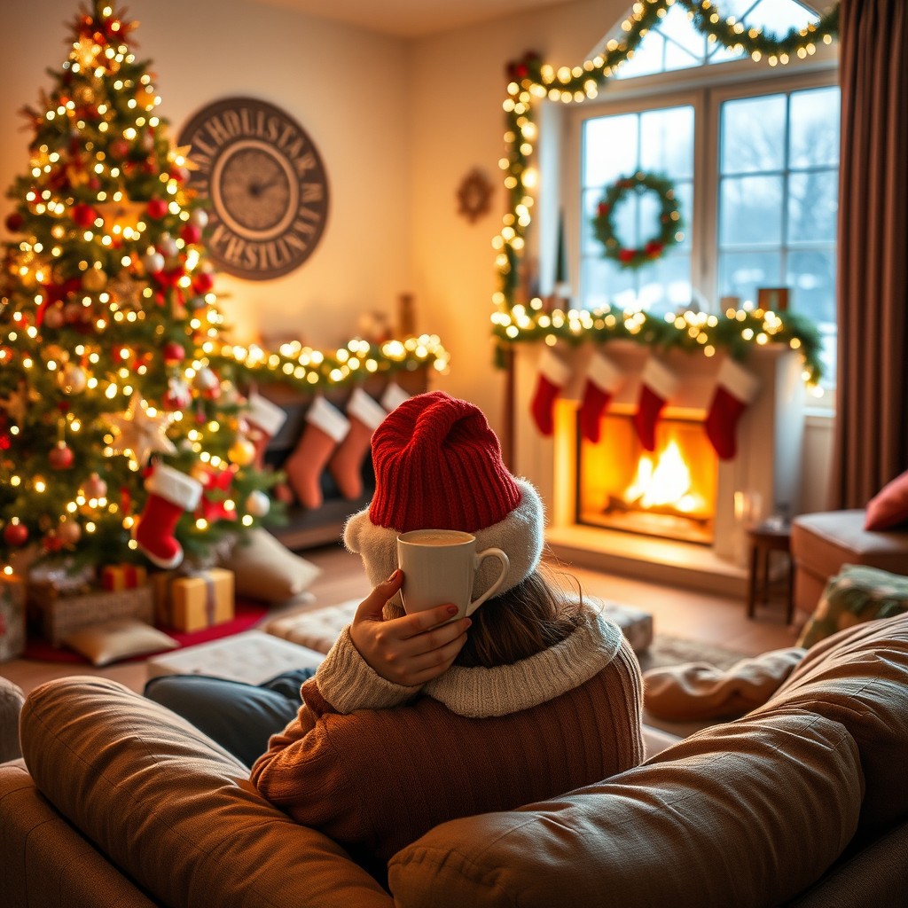 A cozy, festive living room beautifully decorated for Christmas, featuring a large, brightly lit Christmas tree adorned with colorful ornaments and twinkling lights