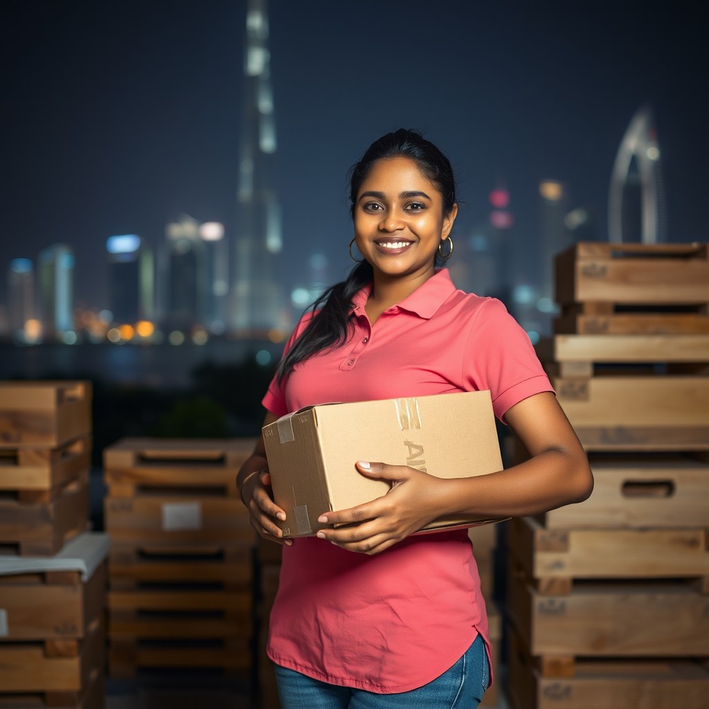 A 25-year-old Sri Lankan delivery woman confidently holding a carton box in her hand, set against a captivating night scene