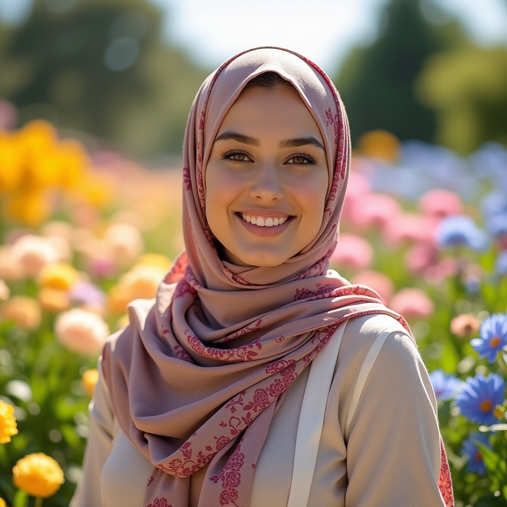 A beautiful woman wearing a stylish hijab in a vibrant outdoor setting filled with colorful flowers