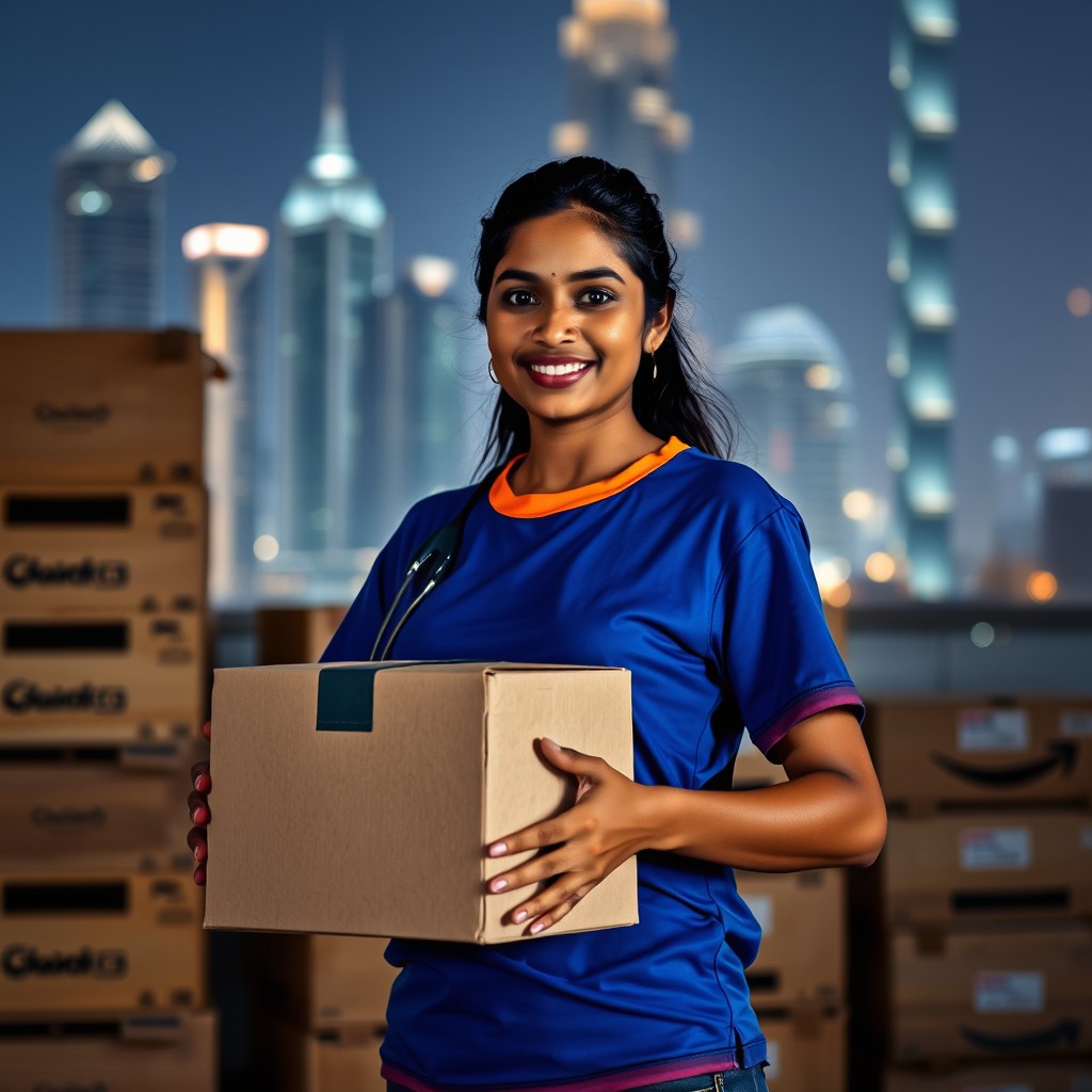A 25-year-old Sri Lankan delivery woman dressed in a blue and orange t-shirt, confidently holding a carton box in her hand