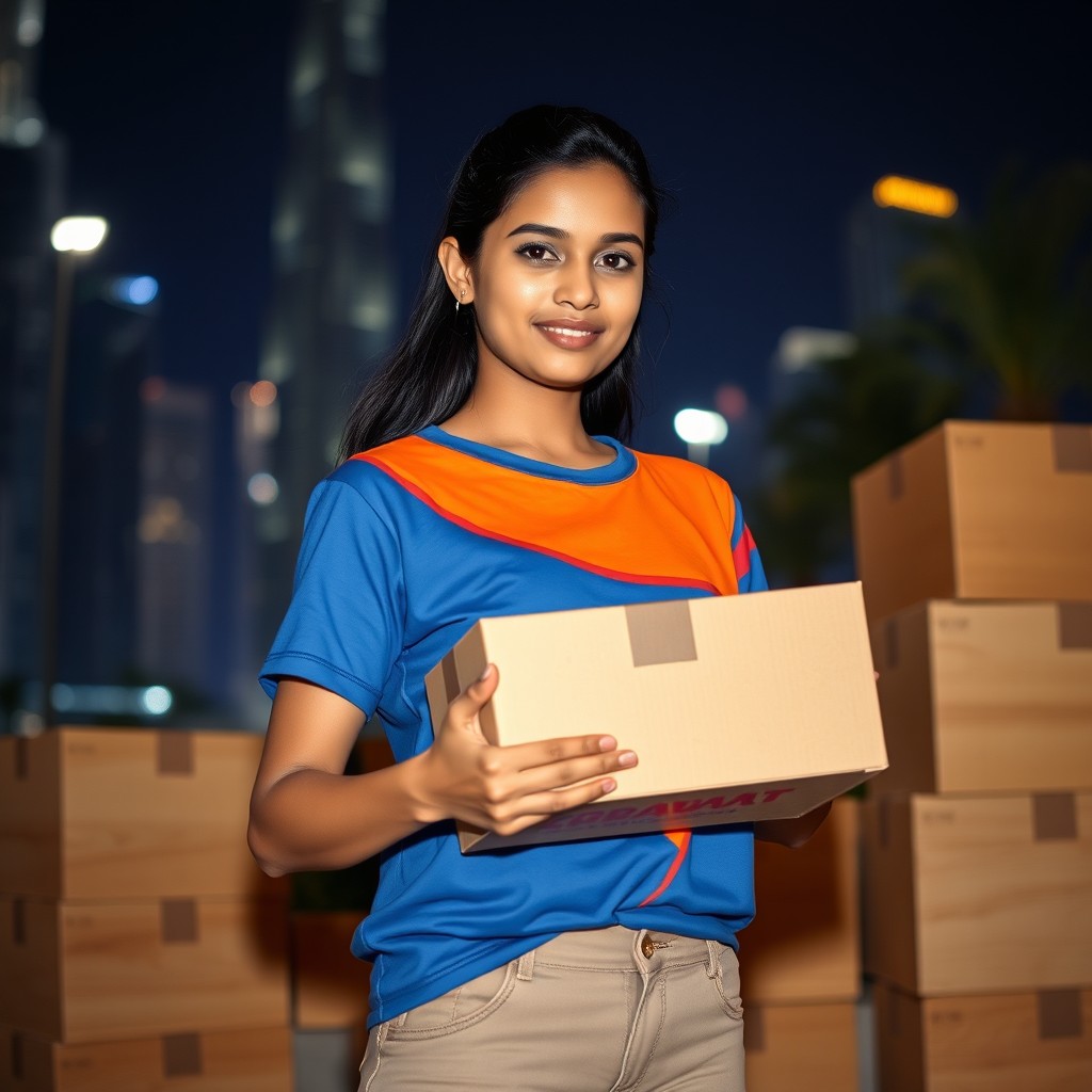 A young, posh-looking Sri Lankan woman, 25 years old, dressed in a stylish blue and orange t-shirt, confidently holding a carton box in her hand