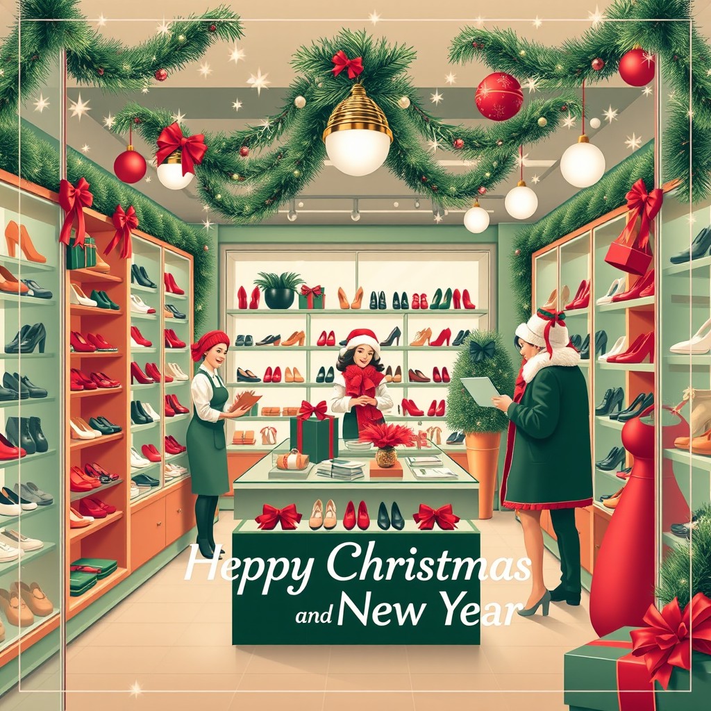 A festive greeting card design celebrating Christmas and New Year, featuring a charming shoe store filled with various stylish shoes