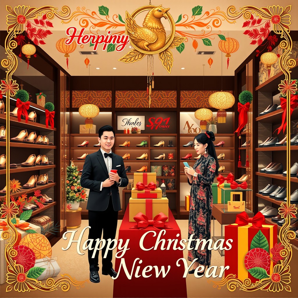 A beautifully designed greeting card celebrating Christmas and New Year, featuring an elegant modern traditional Indonesian theme set in a stylish shoe store