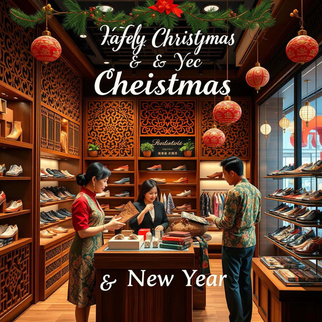 A festive greeting card celebrating Christmas and New Year, set against the backdrop of a stylish shoe store that incorporates elegant modern traditional Javanese themes