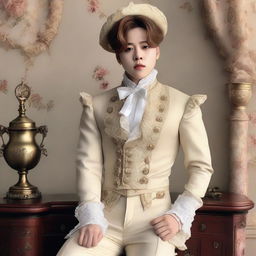 Generated image of Park Jimin dressed in a Victorian era-inspired outfit, expressing elegance and sophistication.