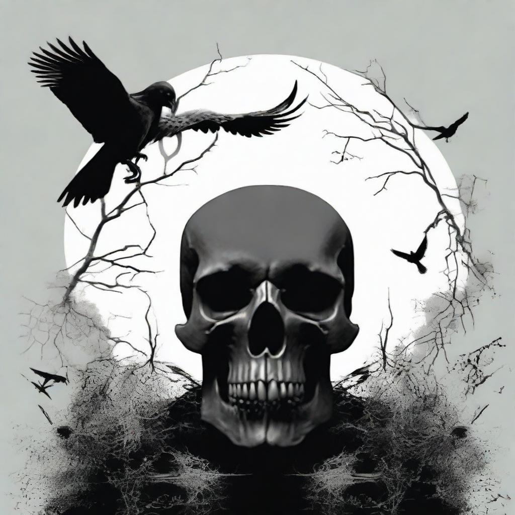 An eerie image of a menacing black skull, accompanied by a chilling crow, both symbols of mysterious black magic.