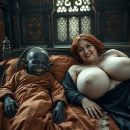 Two women lying on an ancient medieval bed in a grand palace setting