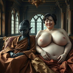 Two women lying in a medieval bed inside an ancient palace