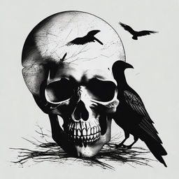 An eerie image of a menacing black skull, accompanied by a chilling crow, both symbols of mysterious black magic.