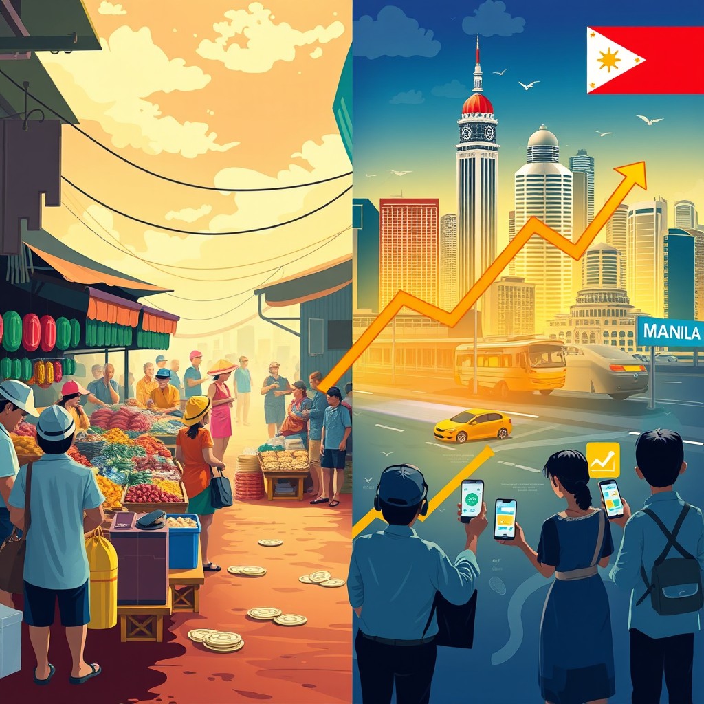 A visual representation contrasting the economy of the Philippines before and after key historical events