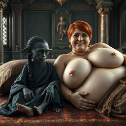 Two figures lying on a medieval bed in an ancient palace: a tiny female Goblin with dark black skin, very skinny and undernourished, with an extremely small face