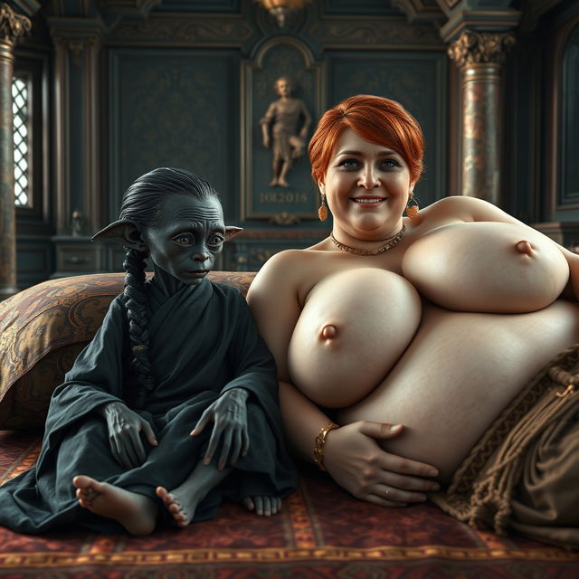 Two figures lying on a medieval bed in an ancient palace: a tiny female Goblin with dark black skin, very skinny and undernourished, with an extremely small face