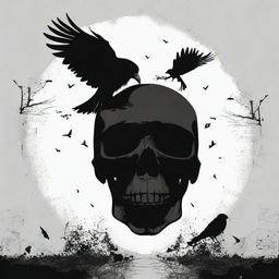 An eerie image of a menacing black skull, accompanied by a chilling crow, both symbols of mysterious black magic.