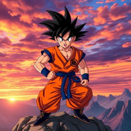 An epic portrayal of Goku, the iconic Saiyan warrior from Dragon Ball Z, standing in a powerful pose atop a rocky cliff during sunrise