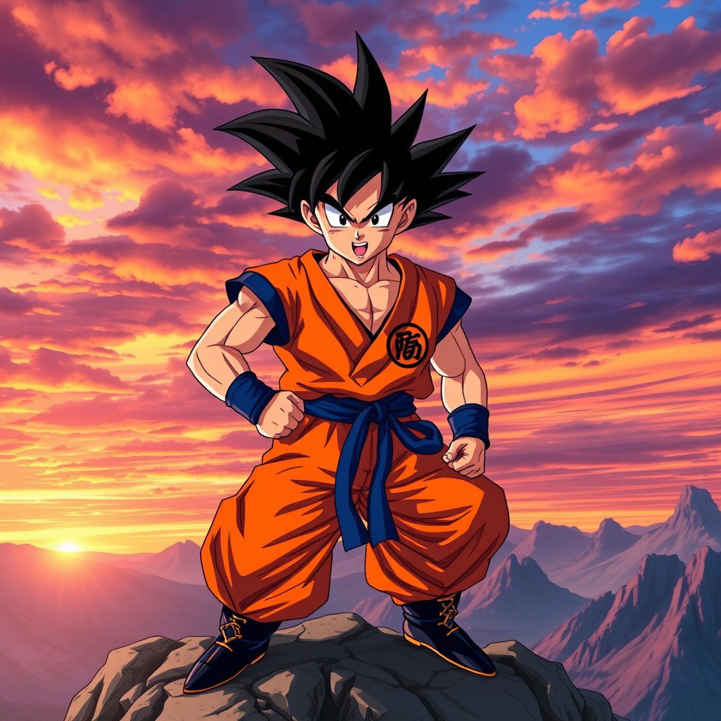 An epic portrayal of Goku, the iconic Saiyan warrior from Dragon Ball Z, standing in a powerful pose atop a rocky cliff during sunrise