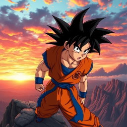 An epic portrayal of Goku, the iconic Saiyan warrior from Dragon Ball Z, standing in a powerful pose atop a rocky cliff during sunrise
