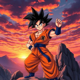 An epic portrayal of Goku, the iconic Saiyan warrior from Dragon Ball Z, standing in a powerful pose atop a rocky cliff during sunrise