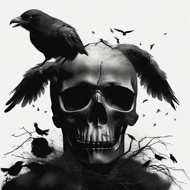 An eerie image of a menacing black skull, accompanied by a chilling crow, both symbols of mysterious black magic.