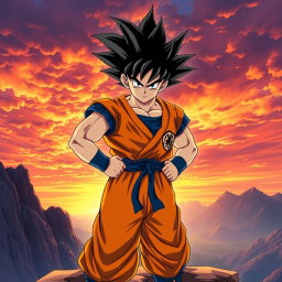 An epic portrayal of Goku, the iconic Saiyan warrior from Dragon Ball Z, standing in a powerful pose atop a rocky cliff during sunrise