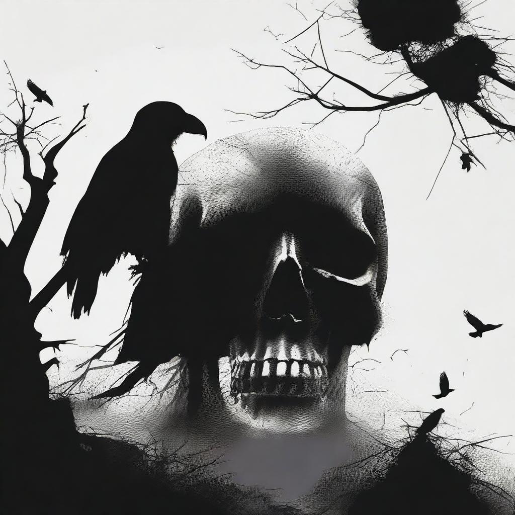 A vertically oriented, eerie image with a menacing black skull and a chilling crow, symbolic of ominous black magic.