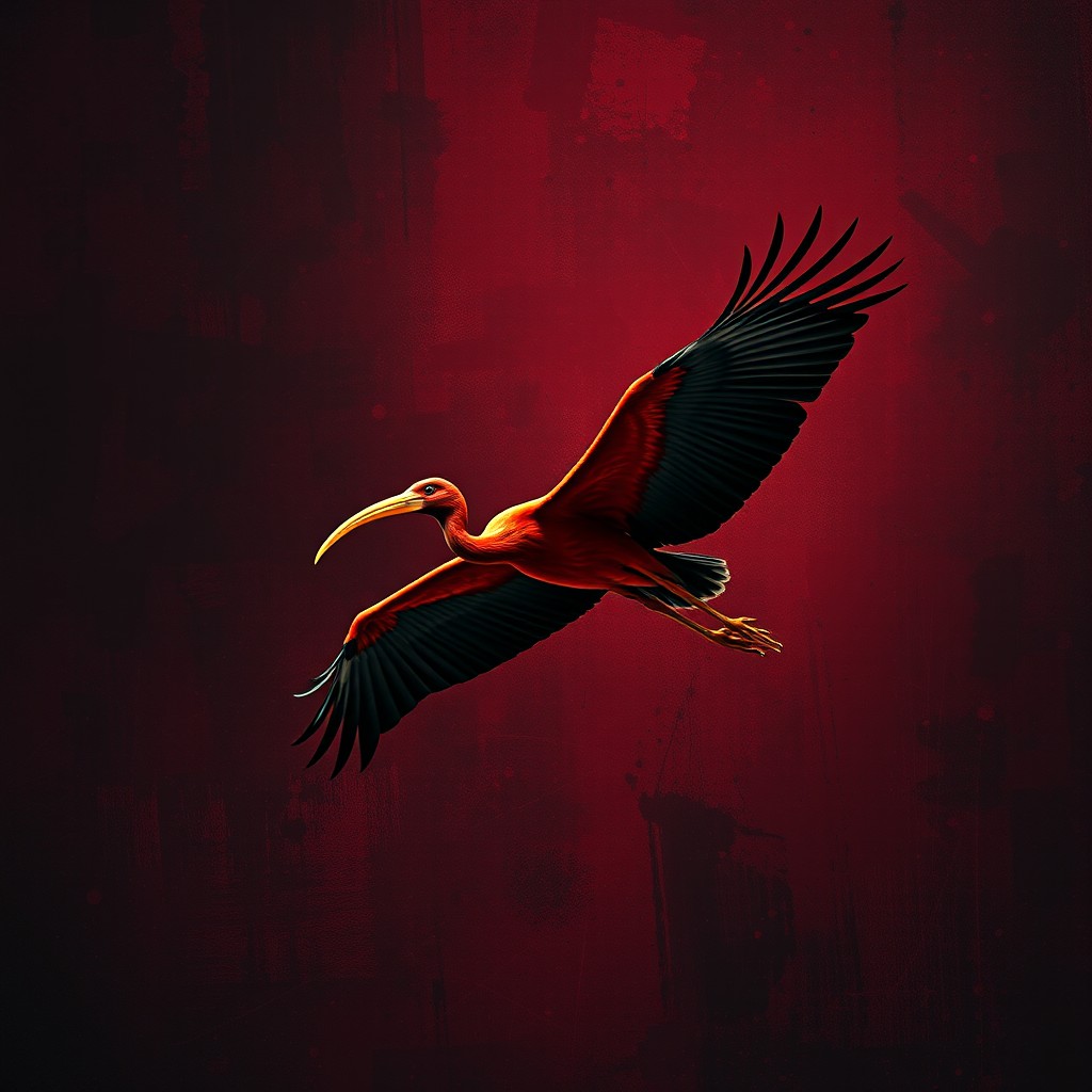 A dynamic and artistic representation of a scarlet ibis in flight, soaring through a moody and textured grunge background