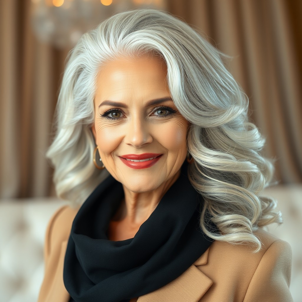 A stunning older woman exuding glamour and elegance, showcasing flawless skin that radiates health and beauty
