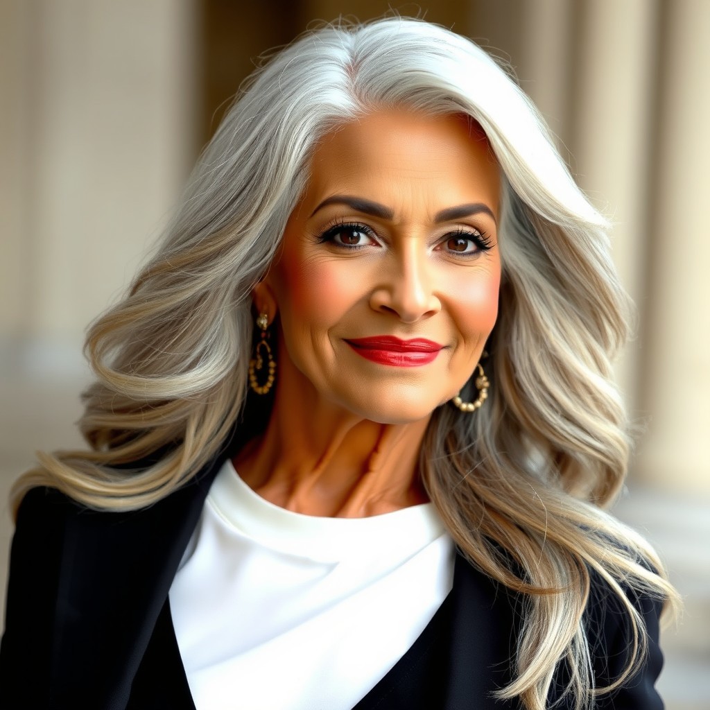 A glamorous woman over 60, exuding elegance and confidence, with beautiful long grey hair that flows gracefully around her shoulders