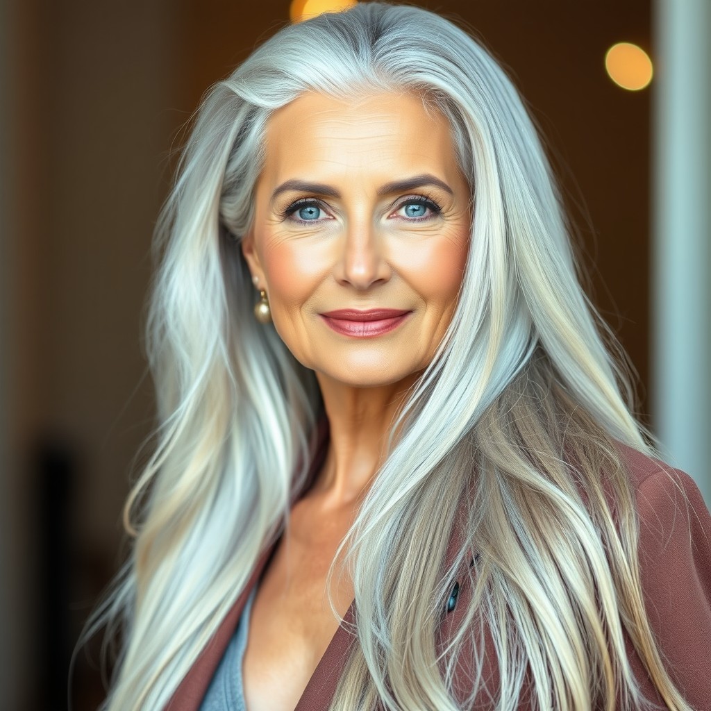 A glamorous white woman over 60, radiating elegance and charm, with beautiful long grey hair that flows gracefully down her back