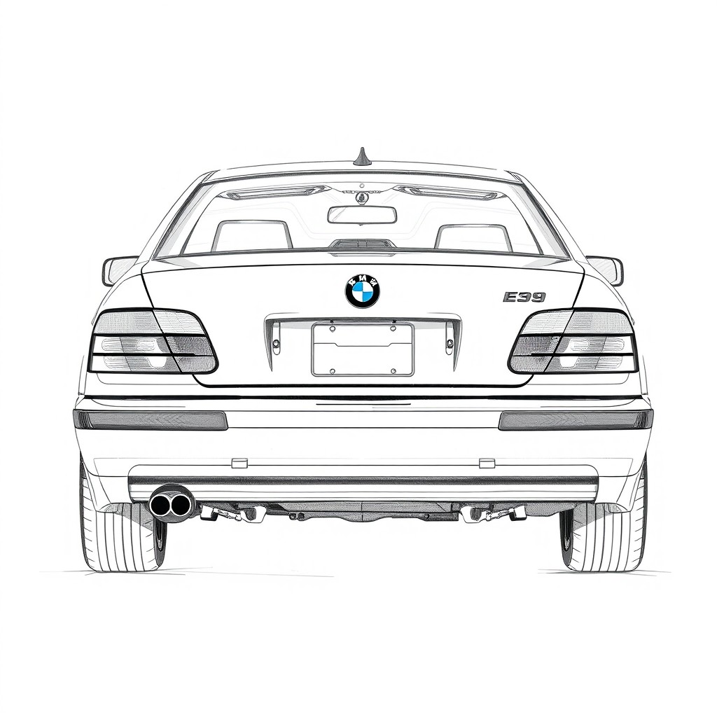 A detailed sketch of a BMW E39 viewed from the rear