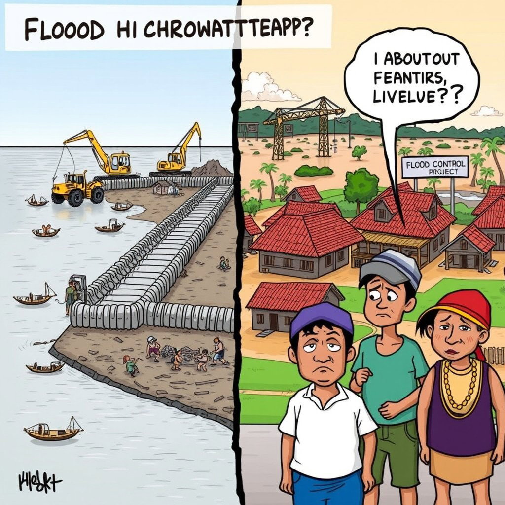 A simple and impactful editorial cartoon depicting the flood control project issue in the Philippines