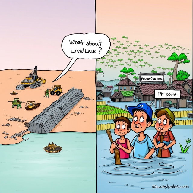 A simple and impactful editorial cartoon depicting the flood control project issue in the Philippines