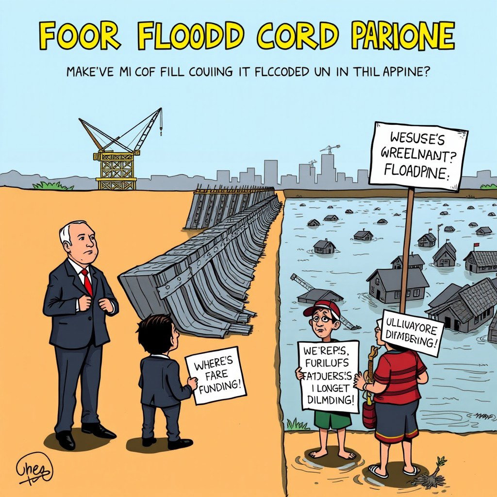 A simple yet powerful editorial cartoon illustrating the issue of corruption in the flood control project in the Philippines