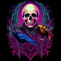 A brightly colored, vertical image symbolizing black magic, featuring a terrifying skull and a crow.