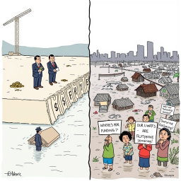 A simple yet powerful editorial cartoon illustrating the issue of corruption in the flood control project in the Philippines