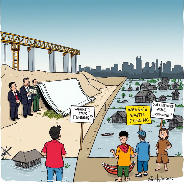 A simple yet powerful editorial cartoon illustrating the issue of corruption in the flood control project in the Philippines