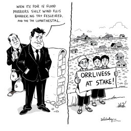 A simple black and white editorial cartoon illustrating the issue of corruption in the flood control project in the Philippines