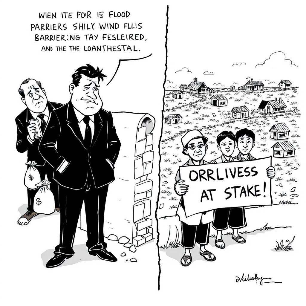 A simple black and white editorial cartoon illustrating the issue of corruption in the flood control project in the Philippines