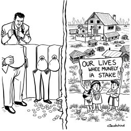 A simple black and white editorial cartoon illustrating the issue of corruption in the flood control project in the Philippines