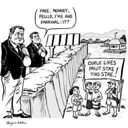 A simple black and white editorial cartoon illustrating the issue of corruption in the flood control project in the Philippines
