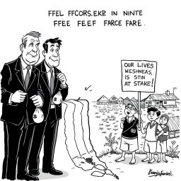 A simple black and white editorial cartoon illustrating the issue of corruption in the flood control project in the Philippines