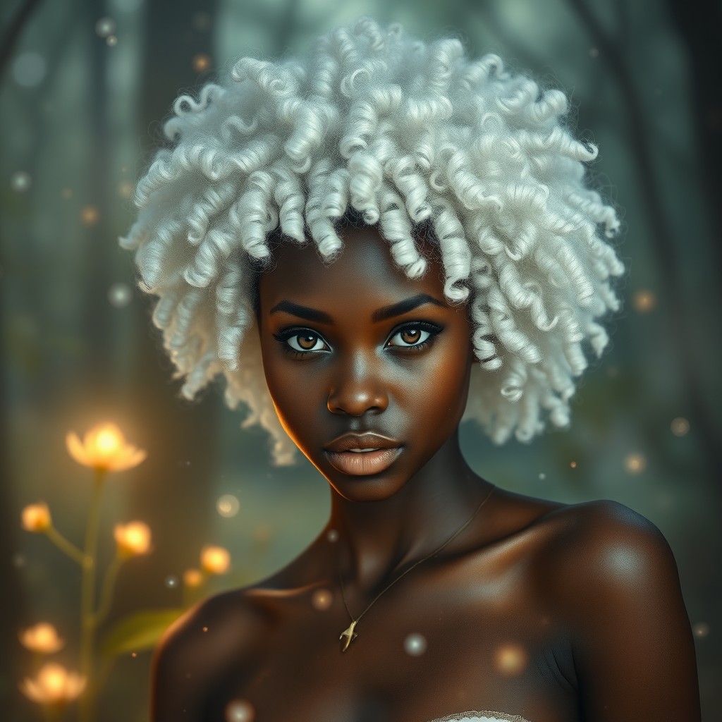A beautiful young black woman with striking white kinky curly hair, deep dark eyes radiating a sense of magic and mystery