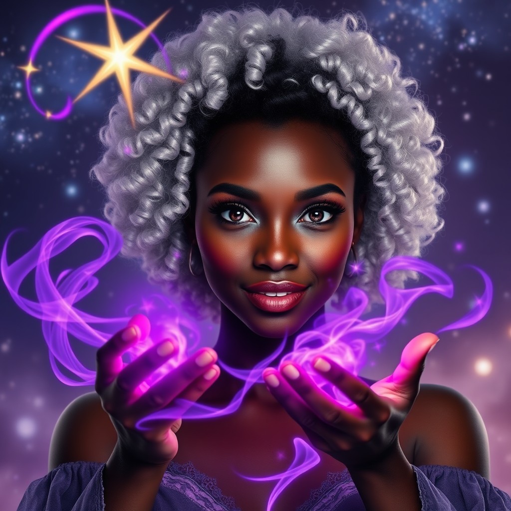 A stunning dark-skinned black woman with beautiful white curly hair, her dark eyes sparkling with wonder and mystery
