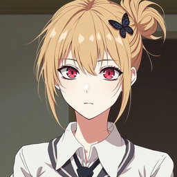 An anime woman characterized by her tense pink-reddish eyes that convey a strong emotional depth, and her pale white skin that creates a striking contrast